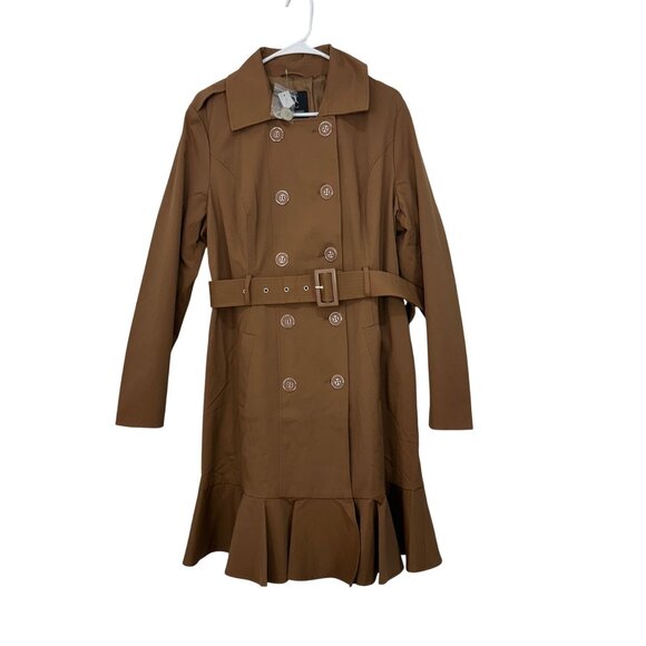 New York & Company Brown Double-Breasted Belted Trench Coat Ruffle Hem Womens XL - Picture 3 of 16